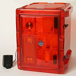 An Amber Copolyester Bel-Art Secador 3.0 Desiccator blocks 99% of UV light from penetrating the interior of the desiccator.  |  1539-13 displayed