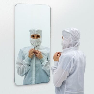 BioSafe® cleanroom mirrors eliminate sharp edges to simplify cleaning. Industrial-grade, copper-free glass insures optimal cleanliness and corrosion protection  |  5253-02 displayed