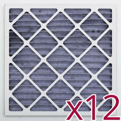 12 pack of Activated Carbon Pleated Prefilters for odor and gas removal provides high efficiency for adsorbing odors and controlling airborne irritants  |  6702-64 displayed