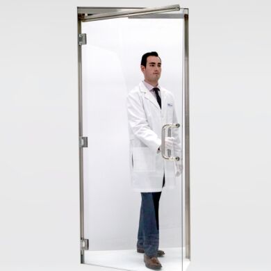 Polycarbonate frameless door with stainless steel jambs and header includes concealed closure  |  6709-20-L displayed