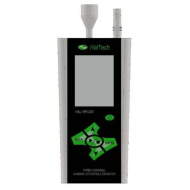 HPC301 3-Channel Handheld Laser Air Particle Counter simultaneously measures 3 user-configured particle sizes; accessories sold separately  |  1510-31A displayed