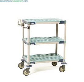 Compact three-shelf polymer cart for maximized vertical storage in tight spaces  |  1403-05 displayed