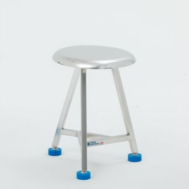 Low height stainless steel lab stool with round seat and blue adjustable leveling glides for laboratory and cleanroom applications.  |  2806-PP-02 displayed