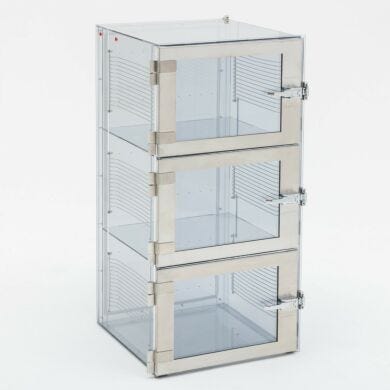 3-chamber, static dissipative PVC, Adjust-A-Shelf™ desiccator cabinets are designed for storage of moisture, ESD, and contamination-sensitive materials  |  3950-13E displayed