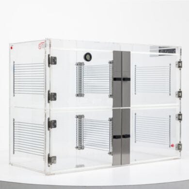 Valuline® ES™ acrylic desiccator cabinet, 4 chambers with adjustable shelving | 3949-57 displayed