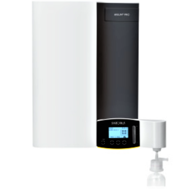 Wall-mount Arium Pro by Sartorius with touchscreen display and 2L/min flowrate exceeds ASTM Type 1 water standards; UF, UV, VF and DI models available | 1017-37 displayed
