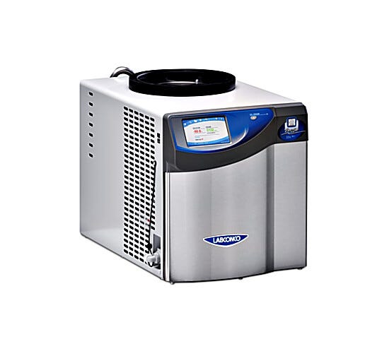 FreeZone 2.5 Liter -84C Benchtop Freeze Dryers by Labconco with Lyo-Works OS data collection and a stainless steel or PTFE collector coil  |  6923-PP-01 displayed