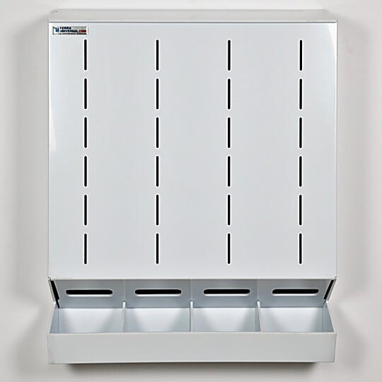 Wall mount 4-chamber glove dispenser in polypropylene with built-in catch basin and hinged top  |  4952-14A displayed