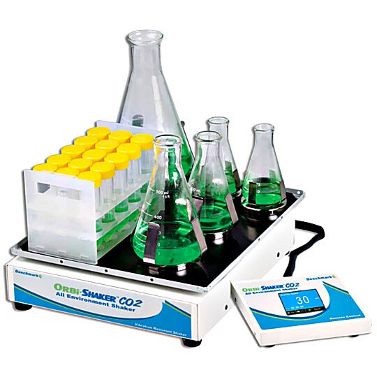 Benchmark Scientific’s Orbi-Shaker™ CO2 features sealed construction and a remote control panel for use in CO2 incubators | 2823-15 displayed