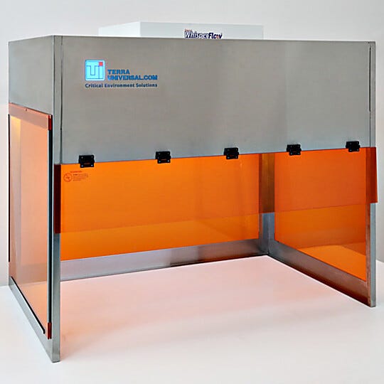 BioSafe® benchtop vertical laminar flow hood with amber acrylic panels to filter out UV and blue light; protects light sensitive materials from degrading | 1688-AA-4830 displayed