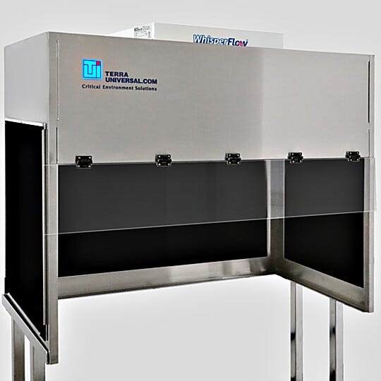 BioSafe® benchtop vertical laminar flow hood with opaque black acrylic panels to block ambient light; front shield is transparent static-dissipative PVC | 1688-BA-4830 displayed