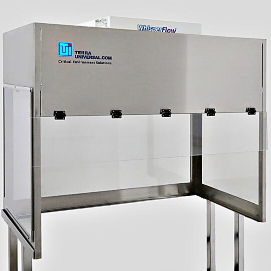 BioSafe® vertical laminar flow hood with polycarbonate panels; Cracks less easily with ~250x impact resistance of glass, 15x impact resistance of acrylic | 1688-PC-4830 displayed