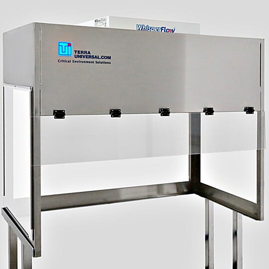 BioSafe® vertical laminar flow hood with translucent white acrylic panels gives privacy with some ambient light; front sash is transparent SD-PVC | 1688-WA-4830 displayed