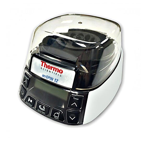 Compact and versatile mySPIN 12 mini centrifuge from Thermo Fisher has safety options and tool-free rotor exchange | 3615-82 displayed
