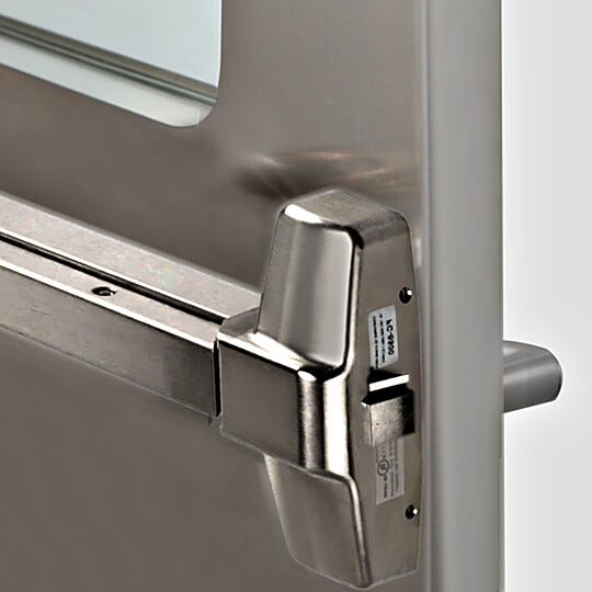 Emergency Exit bar installed to cleanroom door provides fire and emergency safety  |  6603-LP-P displayed