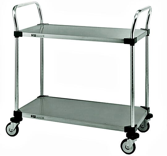 Metro MW100 series utility cart features two solid stainless steel shelves practical for transporting materials requiring an expanse of flat surface  |  1302-PP-01 displayed
