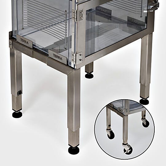 Small 12"H stainless steel desiccator stand; optional casters simplify positioning and cleaning