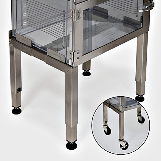 Small 4"H stainless steel desiccator stand; optional casters simplify positioning and cleaning