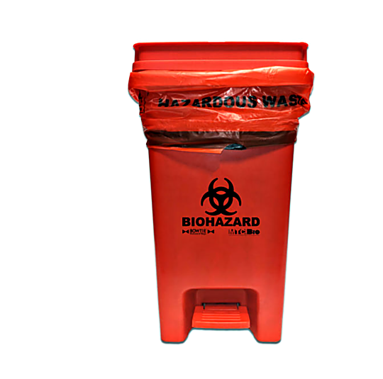 13-Gallon Biohazard Bin by MTC Bio with a touchless operated lid for quick disposal of hazardous waste compatible with BowTie Biohazard Bag; A8000B  |  5705-95 displayed