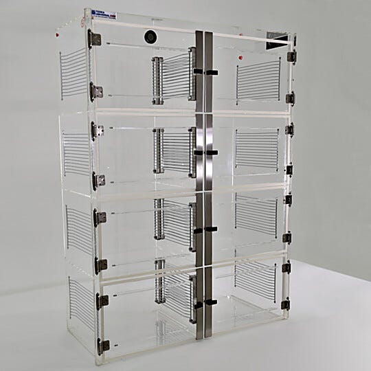 Acrylic ValuLine® Extended Service desiccator cabinet with 8 chambers, 36.75"W x 16"D x 49.25"H  |  3949-36C displayed