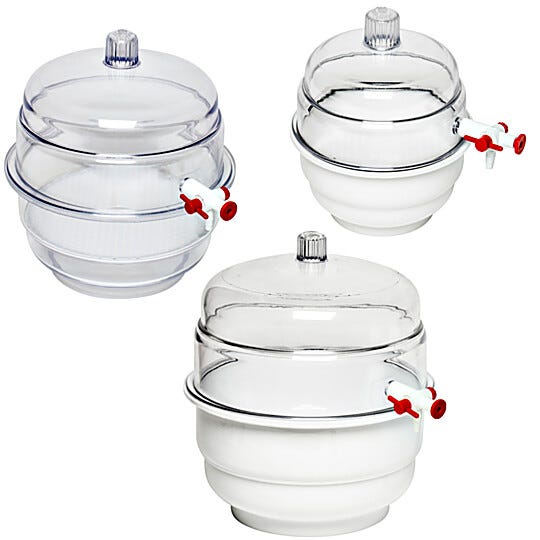 Vacuum Space-Saver desiccator drying chambers from Bel-Art feature white, chemical-resistant polyurethane base  |  1539-55 displayed
