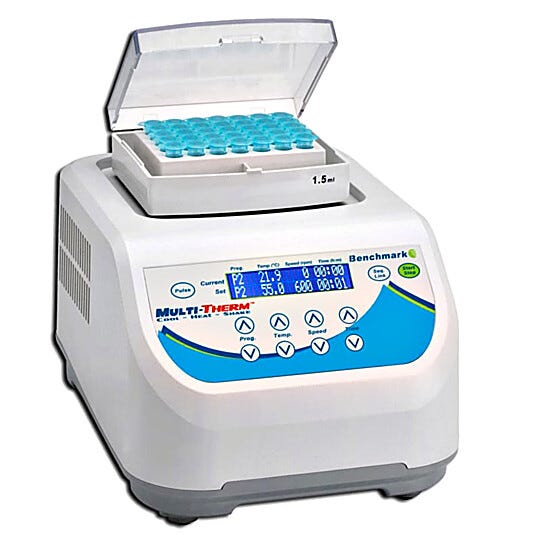 Benchmark Scientific’s Multi-Therm™ Vortexer provides temperature controlled mixing at speeds up to 1500 rpm | 2824-01 displayed