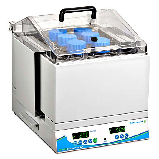 SB-12L Shaking Water Bath features precise temperature control of up to 80°C and the included spring platform accepts tubes, bottles and flasks | 2827-10 displayed