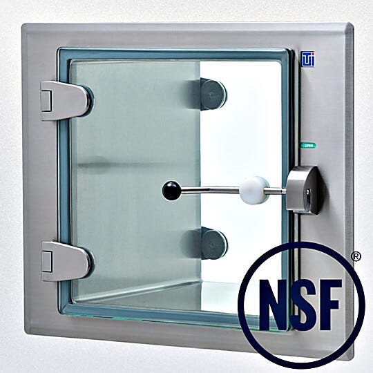 Full glass pass-through door offers full chamber visibility, with detachable stainless steel hinges and latch arm for easy cleaning and replacement  |  2627-13 displayed