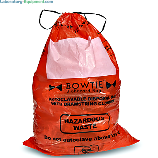 Autoclave Bowtie Biohazard Bags by MTC Bio with drawstring and biohazard symbol compatible with Biohazard Bins: 100 per case quantity  |  5705-98 displayed