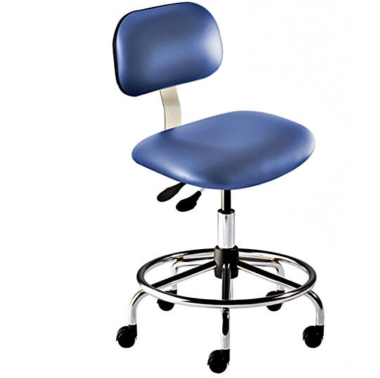 ANSI and LEED compliant Biofit Bridgeport BTS-M-RC ISO 6 Lab Chair features Grade 2 blue vinyl, casters, footring, a steel base and a 21-28" seat height range  |  2807-63 displayed