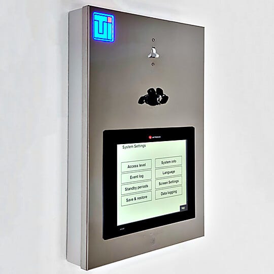 Cleanroom control panel with built-in Tier 4 touchscreen console; datalogging (pressure/temp/RH) and FFU control for up to 16 rooms, 200 FFUs  |  6607-04 displayed
