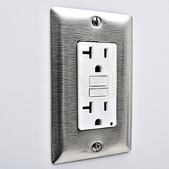 GFCI duplex power outlet with stainless steel cover and quick-connect plug | 6704-33A displayed