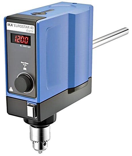 Ideal for basic, low-volume stirring tasks, IKA EUROSTAR 40 digital Overhead Stirrer with a 25L capacity features an infinitely adjustable speed control  |  6926-25 displayed
