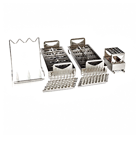 Analytical Lab Kit for FlaskScrubber includes: 15x45 mm and 12x32 mm vial and 24-place pipette inserts, a graduated cylinder insert and an upper spindle rack | 6921-91 displayed