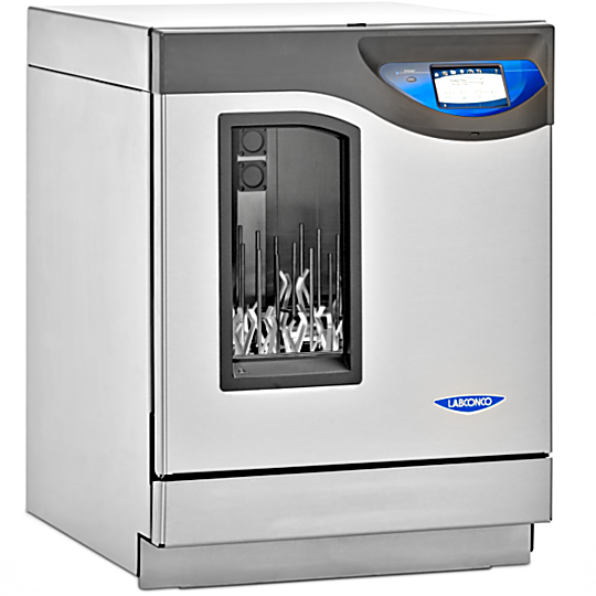 FlaskScrubber for narrow-neck and Erlenmeyer flasks heat up to 199° F (93° C) features a viewing window and an LED light; includes lower rack with 36 spindles