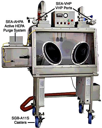 Germfree Class III Biological Safety Cabinet shown with optional active airlock, VHP ports, UPS battery backup, exhaust blower and casters | 5607-25 displayed