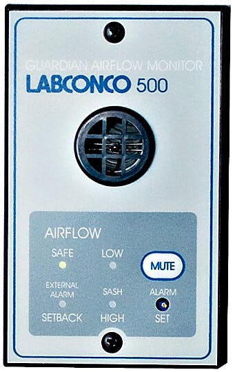 115V and 230V Guardian 500 Airflow Monitor by Labconco factory-prepared cutout on upper portion of Protector and Xstream Hoods; #9723213 and #9743214 | 3646-56 displayed