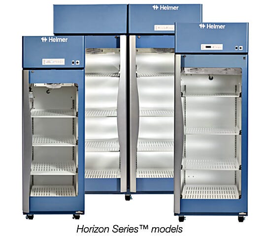 Medical-grade GX Horizon Upright Lab Refrigerators in five capacity sizes include ventilated shelves, casters, controller and OptiCool technology