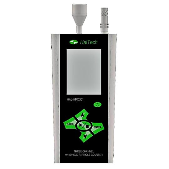 HPC301 3-Channel Handheld Laser Air Particle Counter simultaneously measures 3 user-configured particle sizes; accessories sold separately  |  1510-31A displayed