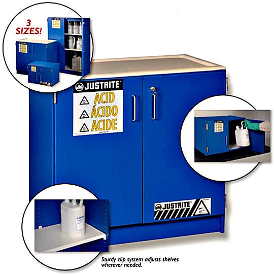 Wood laminate resists nearly all acids and corrosives and double key sets for extra safety and security; shelf clip system makes adjusting easy and convenient | 3618-08 displayed