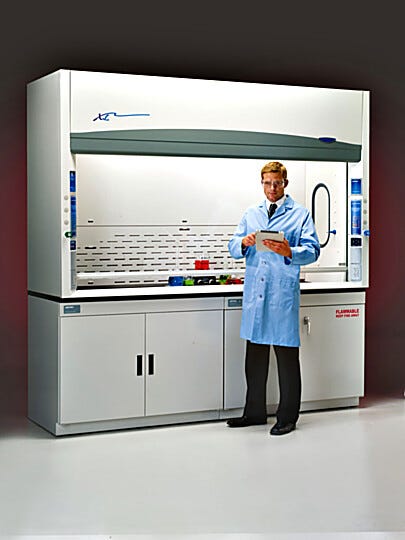 Protector XL Benchtop Laboratory fume hood by Labconco shown with optional storage cabinets | 3649-41 displayed