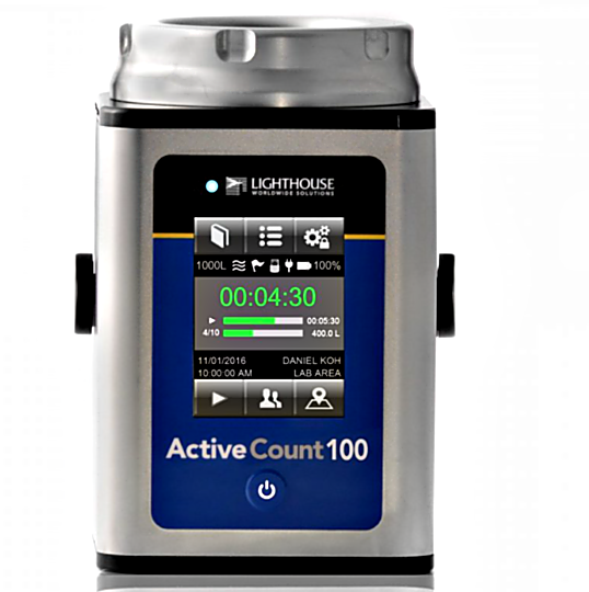 Microbial air sampler for cleanrooms and aseptic environments provides continuous and periodic sampling with a 100 L/min. flowrate and a 6 hour battery life | 1510-53 displayed