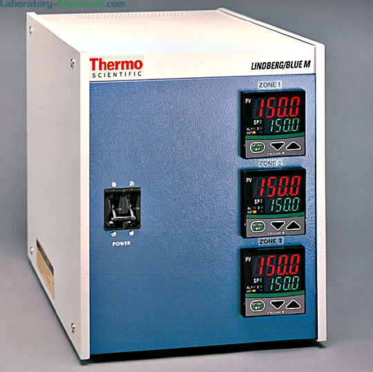 Three-Zone Lindberg Blue/M 1200°C Split-Hinge Tube Furnace Controllers by Thermo Scientific in single or 5-program control for temperature accuracy  |  1618-PP-01 displayed