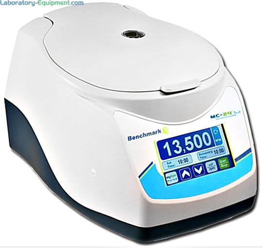 Cold-room safe Benchmark Scientific MC-24 Touch Microcentrifuge features a large full color touchscreen that displays speeds in rpm and rcf | 2829-PP-15 displayed
