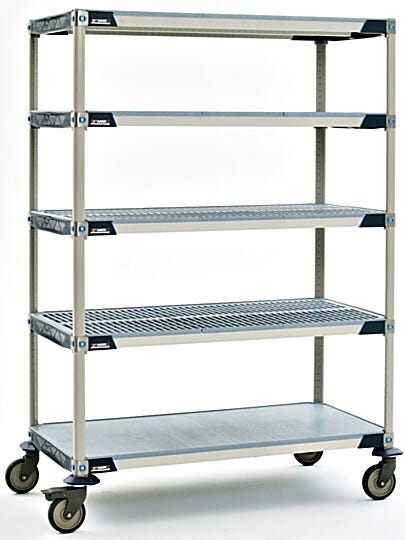 Antimicrobial five-tier cart with solid bottom MetroMax i shelf and polyurethane casters, ideal for placement in walk-in coolers | 1534-44 displayed