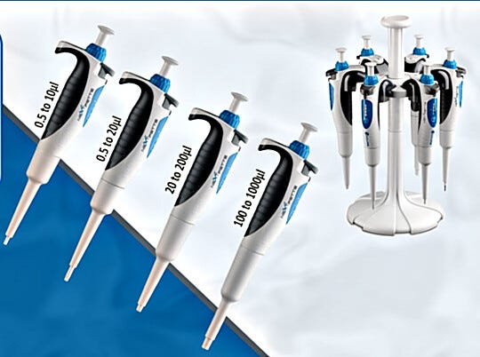 Starter kit NextPette Precision Pipettes Micro Set by Accuris includes four mechanical single-channel pipettes and a carousel stand | 2808-30 displayed