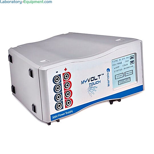 Accuris myVolt Touch Electrophoresis Power Supply with an auto-rotating LCD display features a 2 x 2 inch touchscreen control panel  |  2808-08 displayed