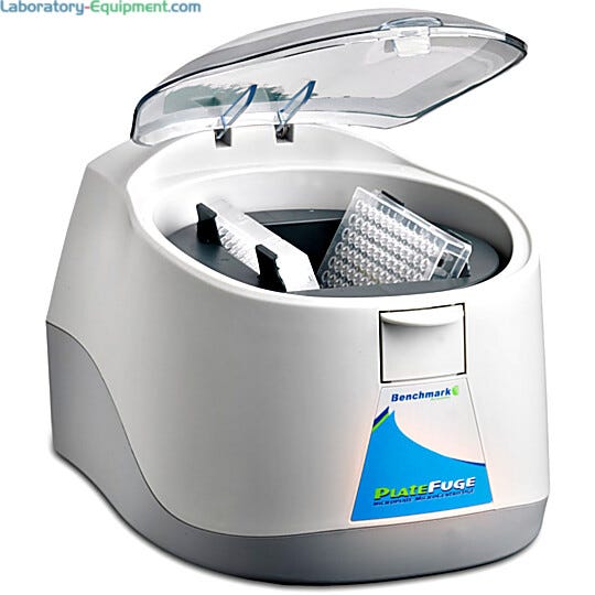 Platefuge microplate micro centrifuge from Benchmark has a 75° swing-out rotor and lid-controlled start/stop for spinning microplates up to 2,550 rpm | 2814-00 displayed