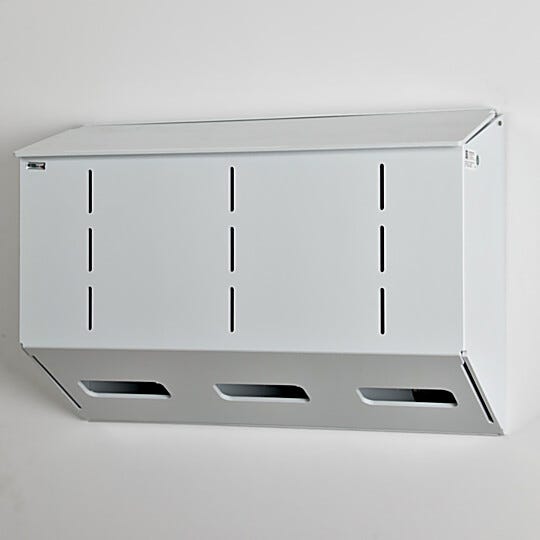 Polypropylene medical glove holder with 3 compartments, wall mount, no catch basin, 24" W x 8" D x 17" H  |  4952-72A displayed