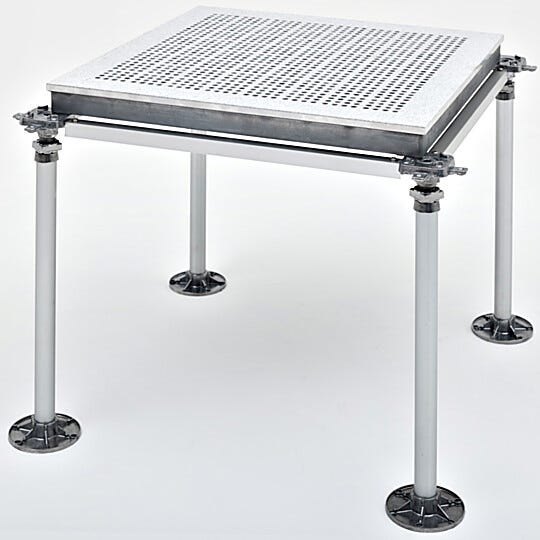 A 2'x2' sample of modular raised cleanroom flooring, perforated to optimize laminar airflow | 6600-53 displayed